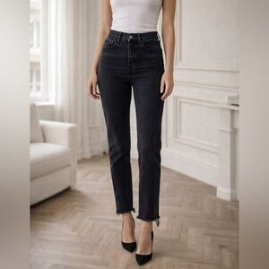 GRLFRND Karolina Skinny Leg Jeans Off Black Raw Hem High Rise Button Fly